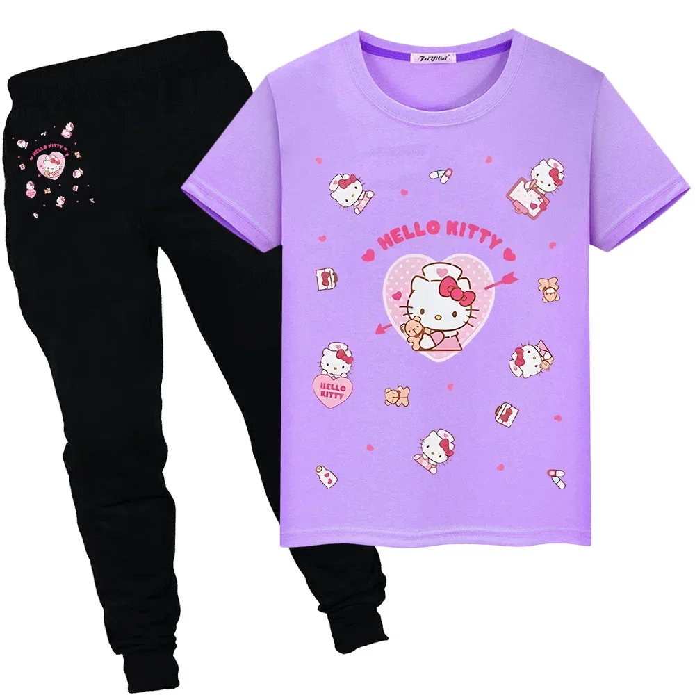 hello kitty 100%Cotton T-shirt Summer Print Kawaii Tops Tshirts Cute Short+pant boys girls clothes Sports suit kid holiday gift