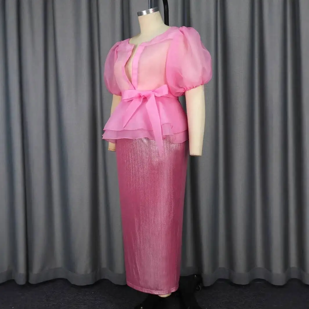 Ärmel Sexy Puff Sheer Bowknot Bluse Slim Fit, Figurbetontes Kleid Elegantes Zweiteiliges Set Designer 2025, Sommerkleid Robe Vestido Frauen