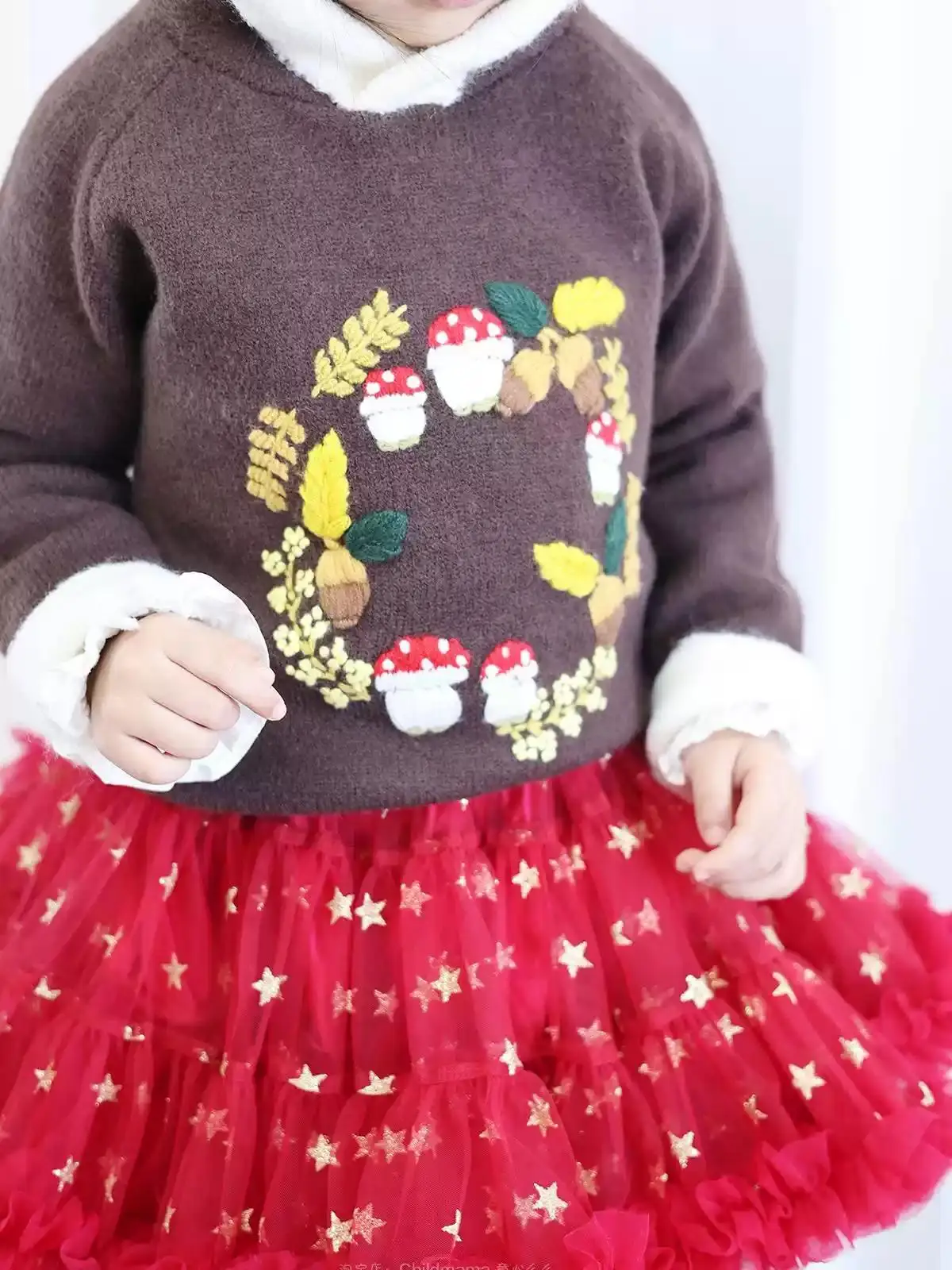 Toddler Girls Hand Embroidered Strawberry Hooded Knit Top, Fall Winter Long Sleeve Crew Neck Sweater for Little Kids