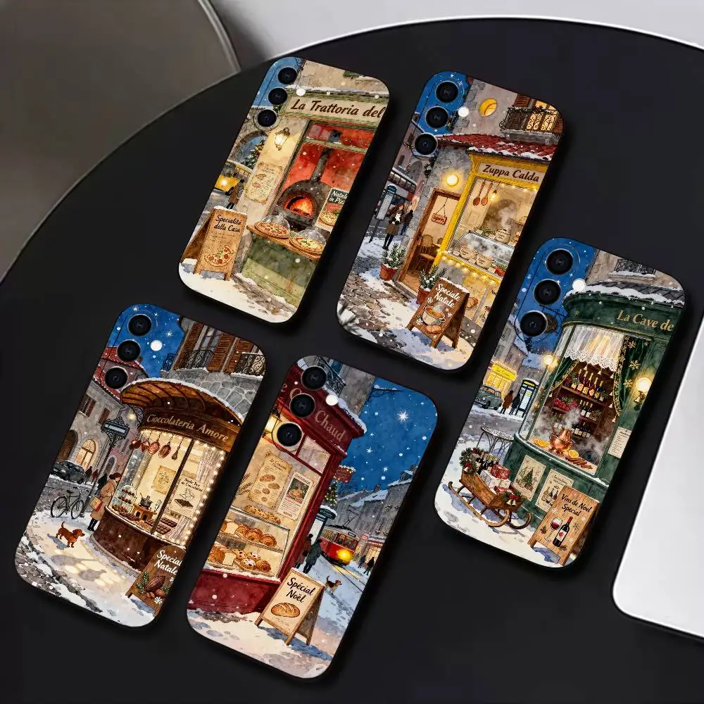 Snowy Christmas Town Phone Case For Samsung Galaxy A73,A72,A71,A70,A53,A52,A51,Soft Silicone Black Cover