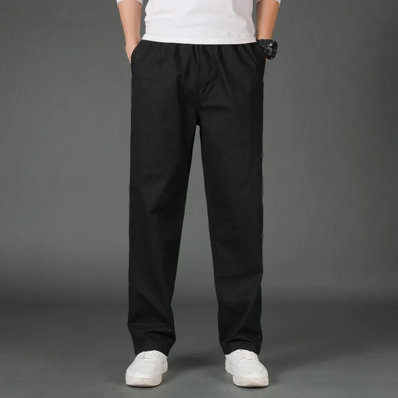 Spring Autumn Men's Pockets Elastic High Waisted Solid Casual Loose Work Uniform Straight Leg Trousers Office Lady Vintage Pants