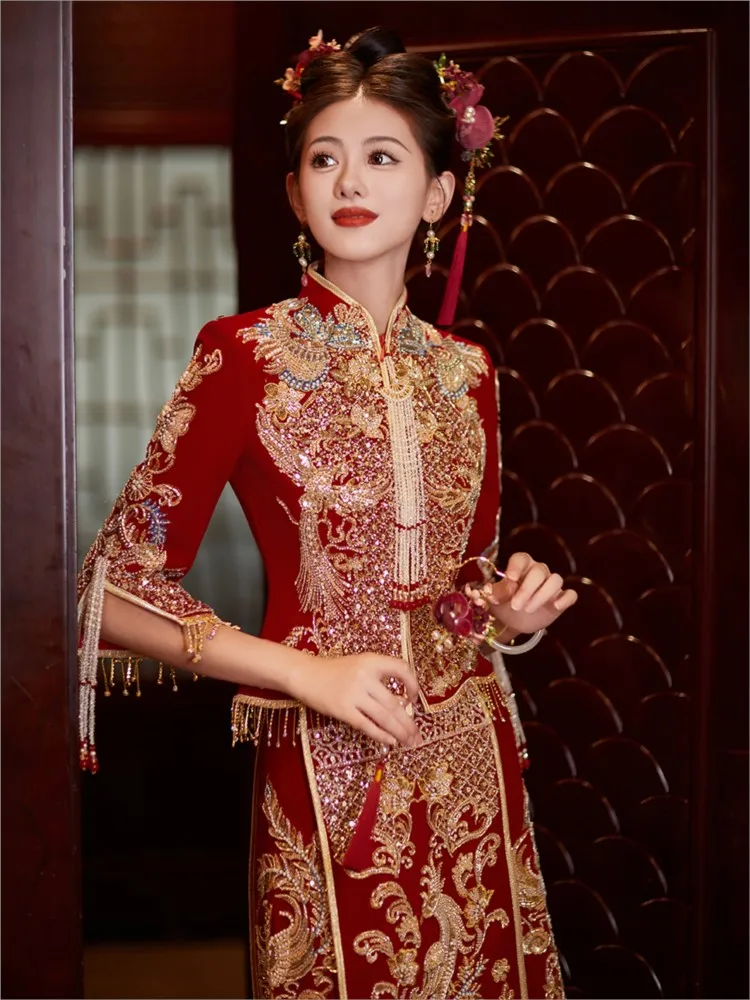 

Новые стили традиционного китайского свадебного платья для невесты, одежда для тостов дракона и феникса, малайская одежда