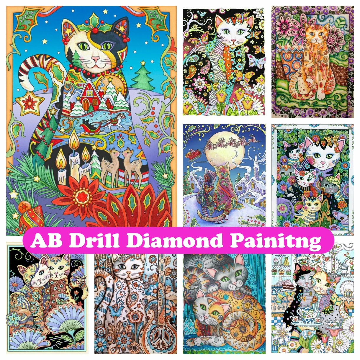 

Christmas Cats AB Diamond Painting Embroidery Cartoon Cute Animal Artwork Cross Stitch Mosaic Pictures Handmade Home Decor Gift