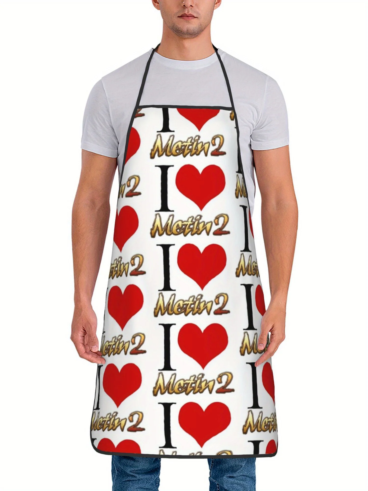 Golden Metin2 Text Red Heart Seamless Pattern Waterproof Apron For Gamer Baking Grilling Household Oil-proof Kitchen Present
