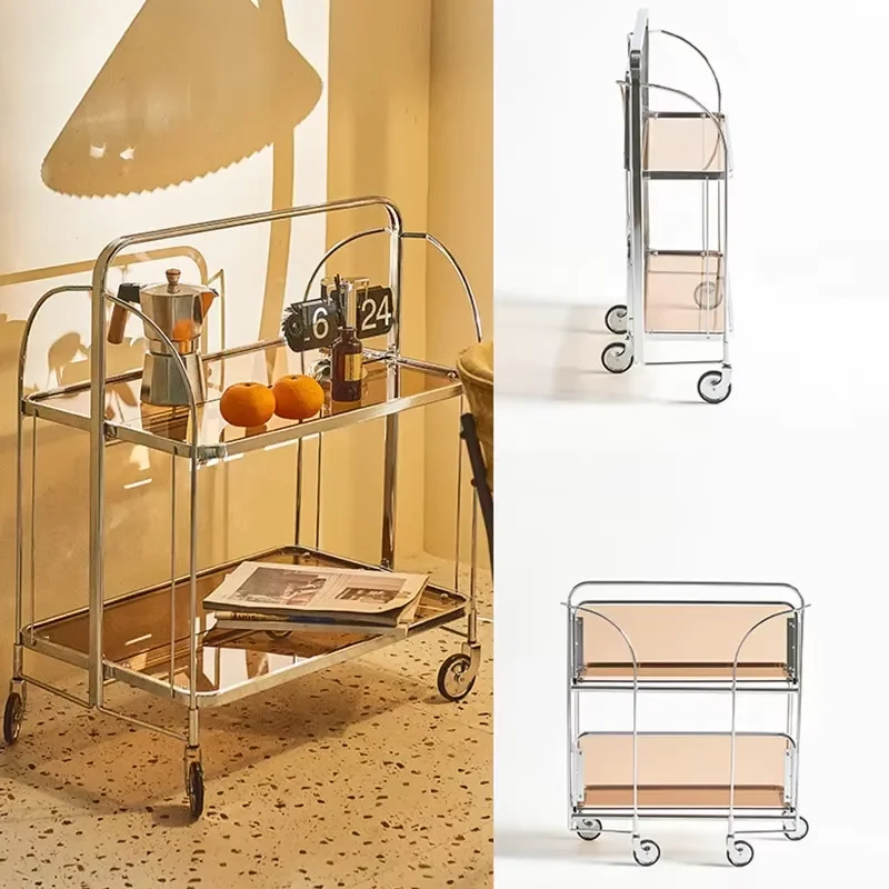 Storage Rack Shelf Rolling Wheel Glass Coofee Table Cart Foldable Hotel Food Service Hand Carts Trolley