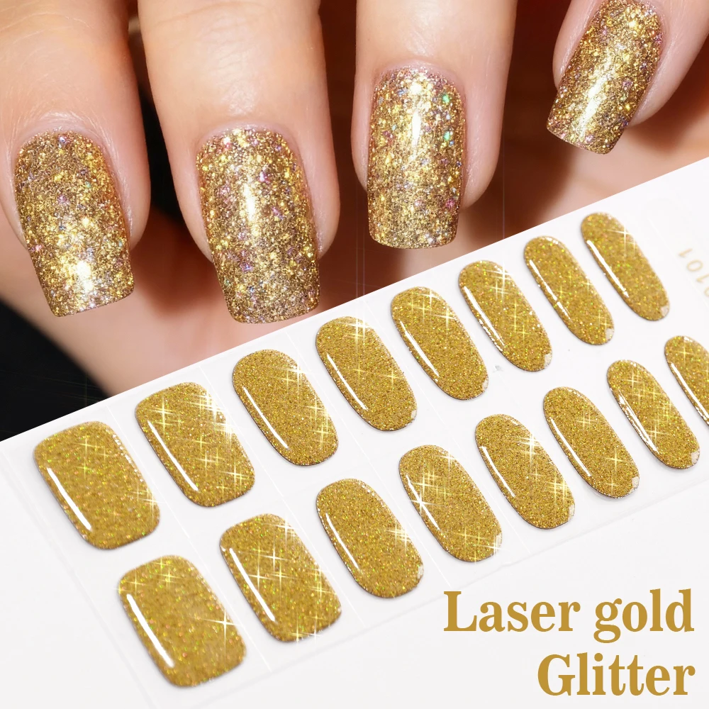 สติกเกอร์เจลเล็บแบบกึ่งสำเร็จรูป 16Tips Laser Gold Glitter  แบบฟอยล์  ติดเต็มเล็บ  ติดทนนาน