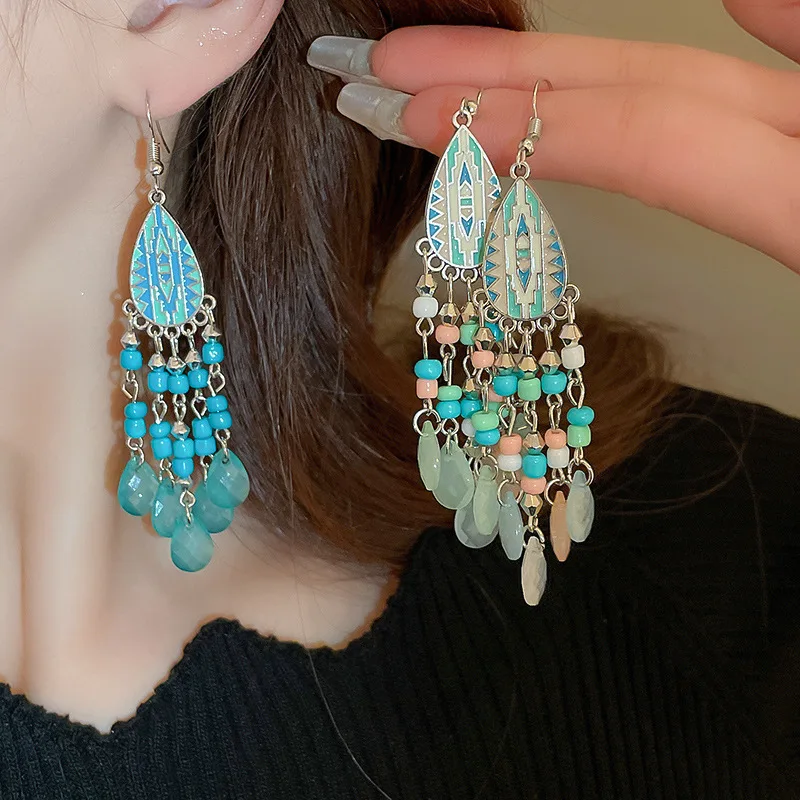 Vintage Vacation Style Water Drop Earrings for Women Boho Long Multilayer Crystal Rhinestone Dangle Earring