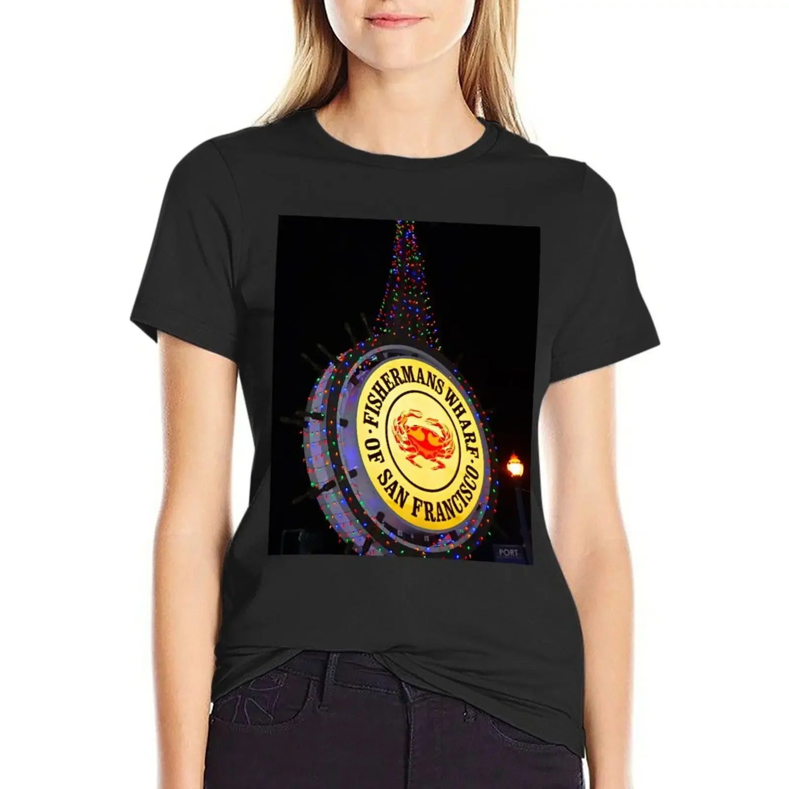 

Fishermans Wharf Sign T-Shirt Short sleeve tee quick-drying plain designer clothes Women luxury