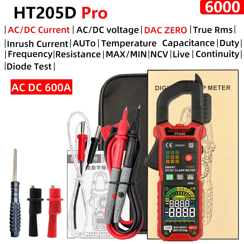 DC/AC Current Digital Clamp Meter 6000 Counts 600A Amp Multimeter Voltage Tester True RMS Capacitance Ohm Hz Amp Tester Ammeter