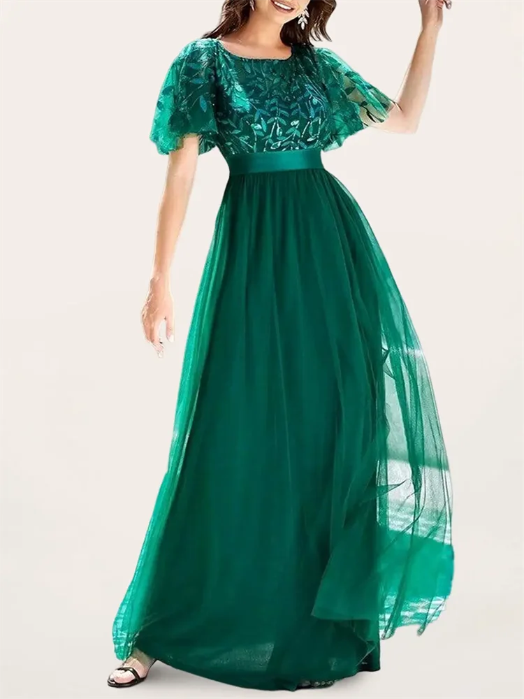 

A-Line Elegant Women's Long Evening Dresses O-Neck Floor Length Short Sleeves Printed Appliquéd Irregular Pattern Lace Ball Gown