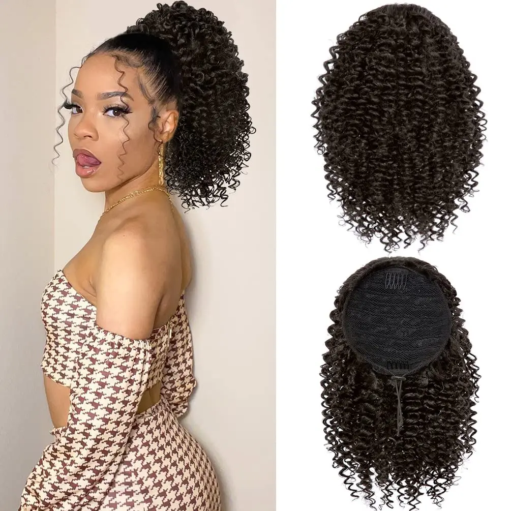 

Short Puff Afro Kinky Curly Ponytail Drawstring Curly Pony tail Clip Extensions for Women Natural Synthetic False Horse Tail