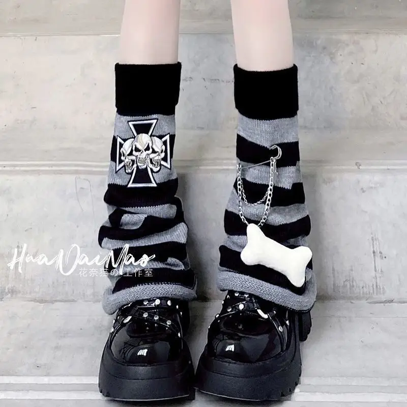Black White Lolita Long Socks Knitted Japanese Winter Socks Gothic Women's Striped Leg Warmers Arm Ankle Warmers Wide Legs Cover