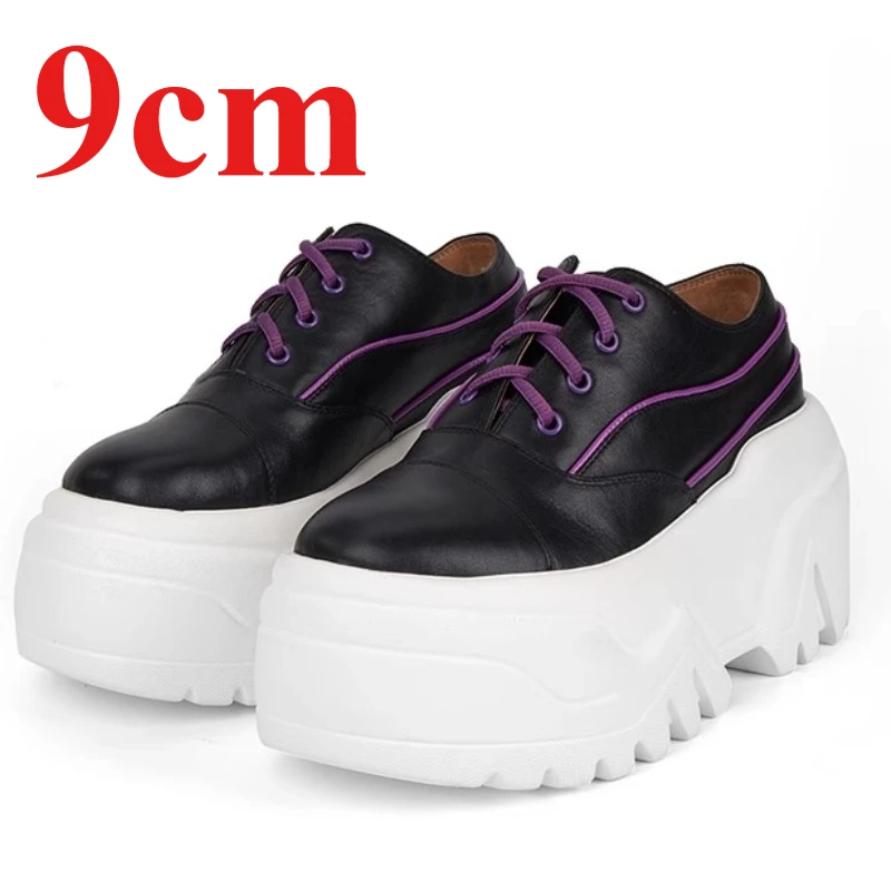 

Genuine Leather Fashiona Black Shoes for Women's 8cm Thick Bottom Height Increasing Shoes Comfortable Breathable Casual Sneakers