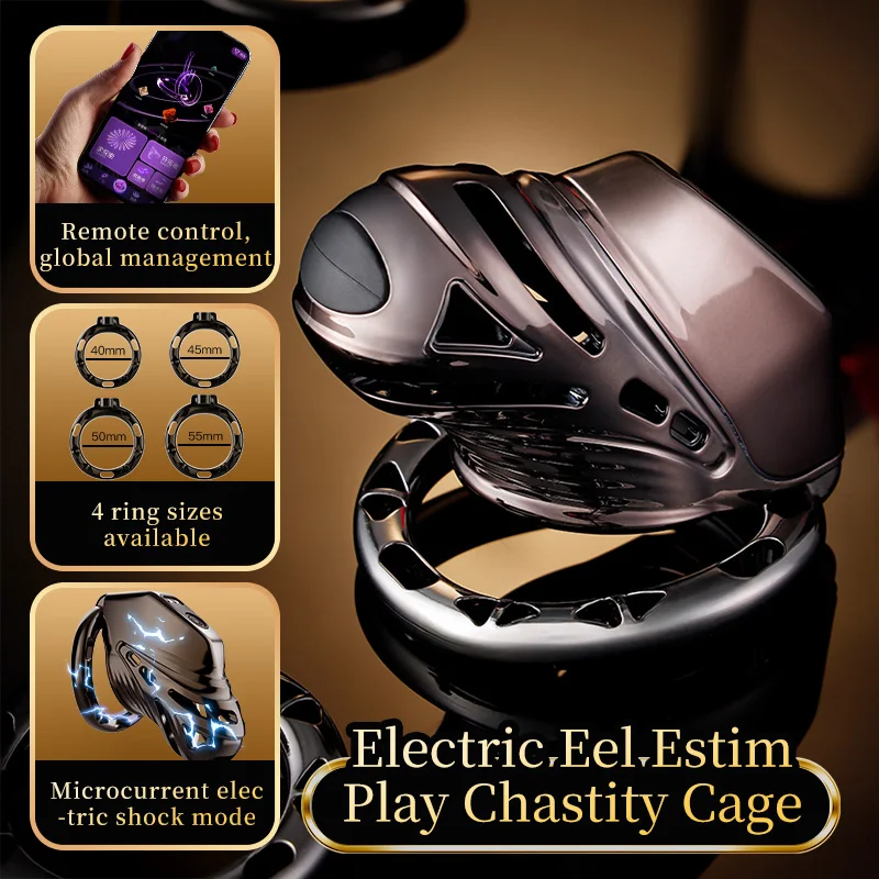 LOCKINK Remote Control Electric Shock Male Chastity Cage E-stim Intensities Cock Cage with 4 Active Rings Adult Sex Toys for Men view 3