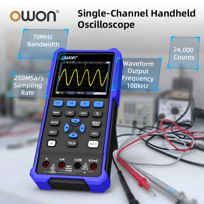 OWON 40MHz 70MHz Single Channel Simple 3-in-1 Handheld Digital Oscilloscope 250Msa/s+ 4.5 Digit Multimeter+Waveform Generator