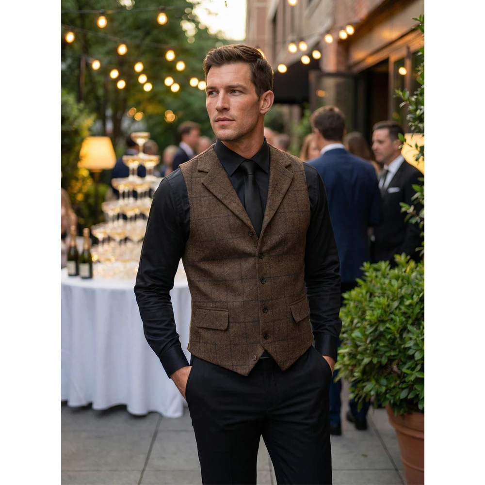 Men\'s Vest Green Vest Tweed Wool Waistcoat Slim Fit Lapel Plaid Suit Vest Herringbone Tweed Tuxedo Vest 2019 for wedding custom