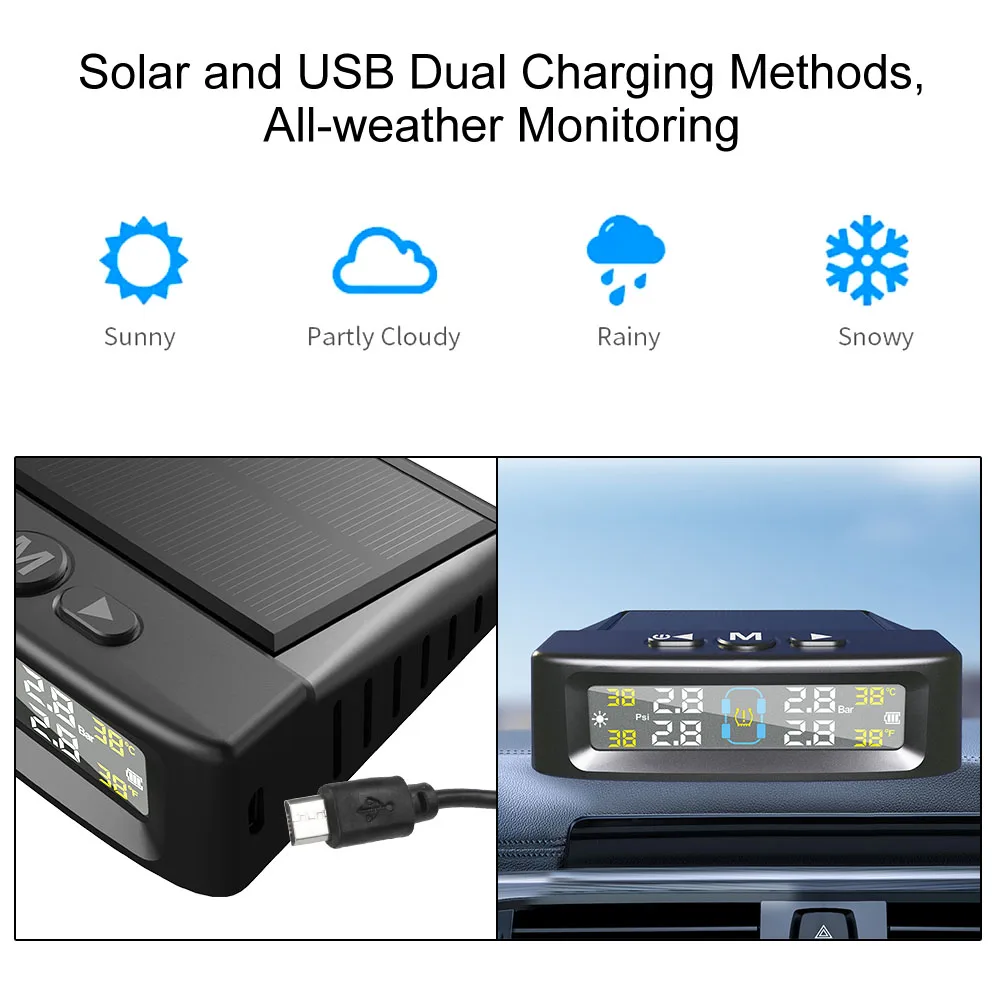 Sistema De Monitoramento De Pressão Do Pneu Do Carro, TPMS Solar Com 4 Sensores Externos, Aviso De Temperatura, Monitor De Poupança De Combustível