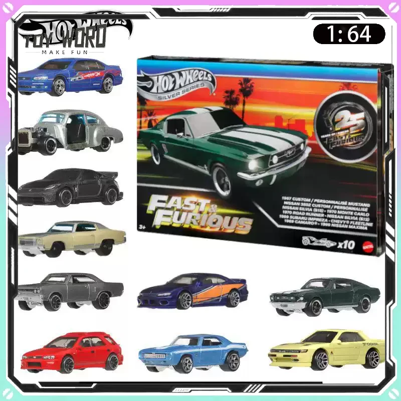 

Hot Wheels Fast & Furious 25th Anniversary 10 Pack JMH16 with Nissan Dodge Classic Cars Diecast Collectible Car Model Set Gift