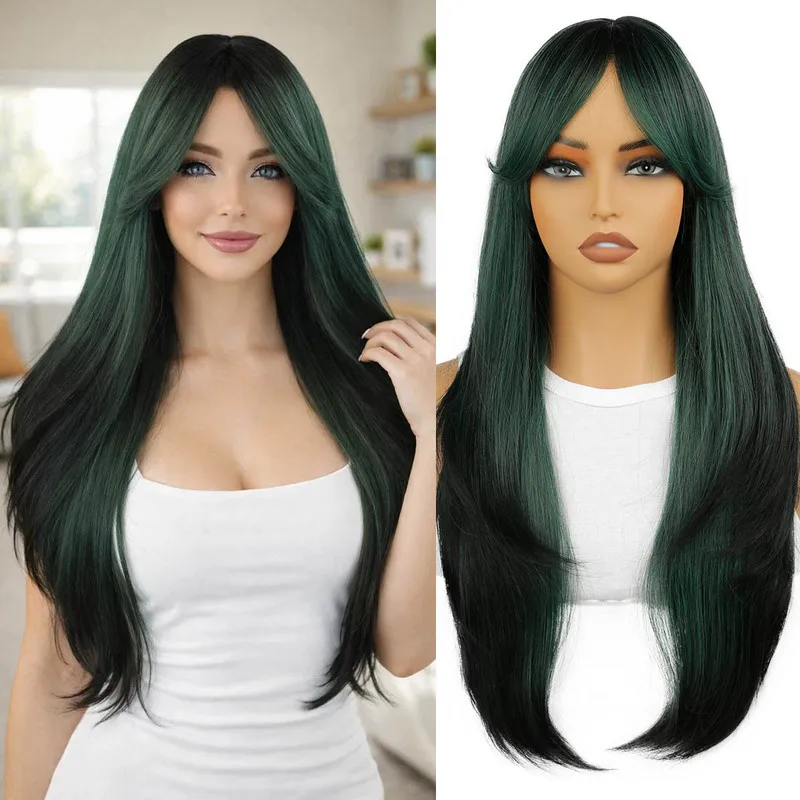 Dark green gradient long curly wig for women with layerscosFull head synthetic fiber wig