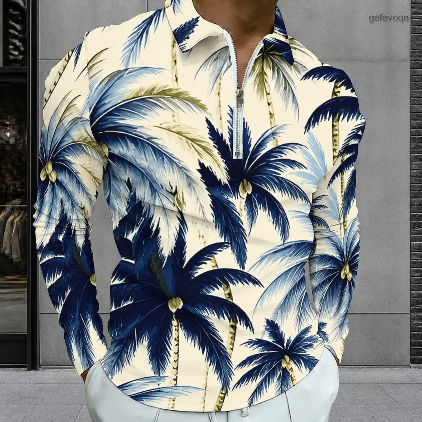 Men's Printed Long Sleeve Quarter Zip Collared Polo Shirt Blue Palm Tree Pattern Off White Top