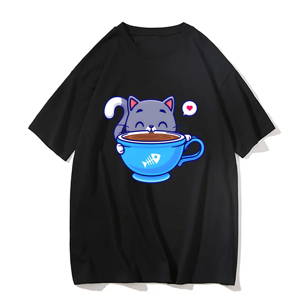 Classic Happy Coffee Cat Print Cartoon Tee-shirt Women Men Clothes Short Sleeve Harajuku Unisex O-neck Tops Oversize Streetwear