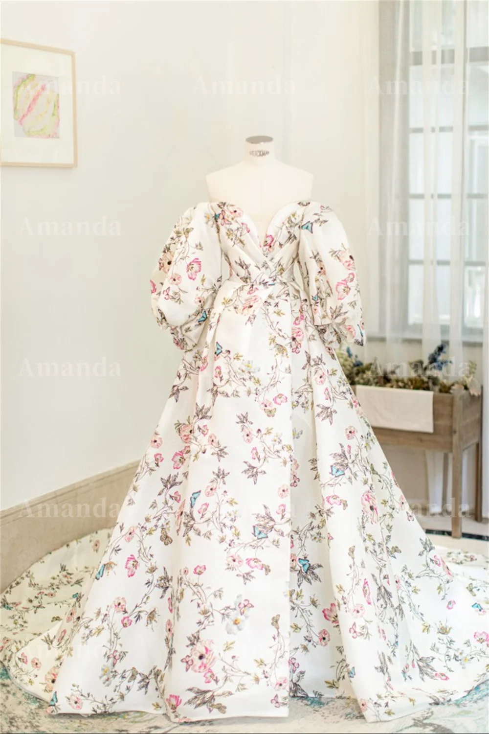 Amanda Manga Inchado فساتين مناسبة رسمية Pintura Da Flor A Linha de Vestido de Noite Varredura Cauda Prom Vestido 2023 Vestido de Princesa Robe De Soirée