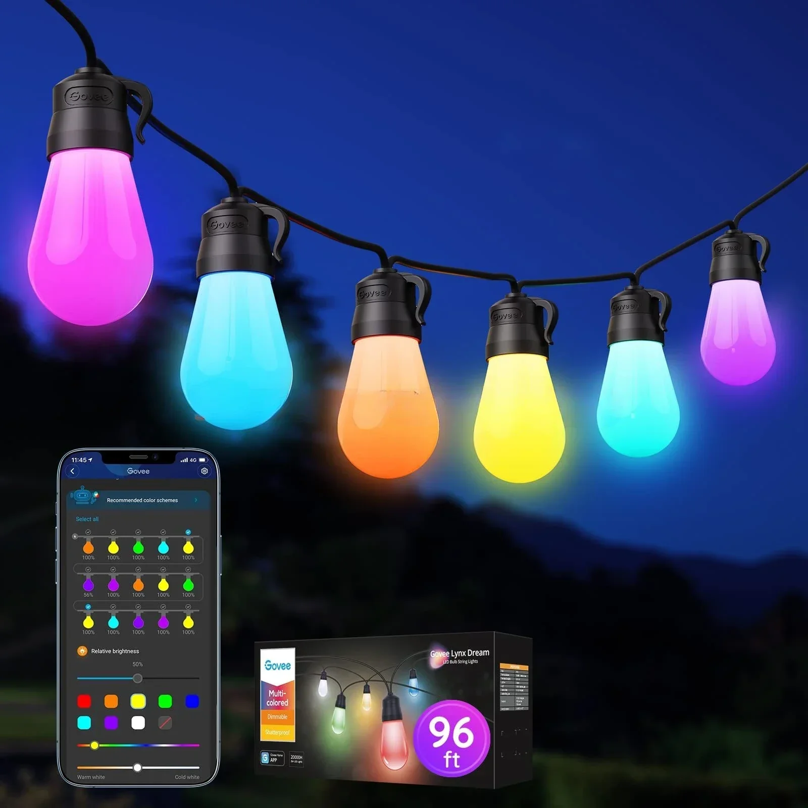 

Alexa RGBW 48ft Multi-Color IP65 Waterproof WiFi Control Dimmable Smart Outdoor LED Bulbs String Lights For Patio Garden