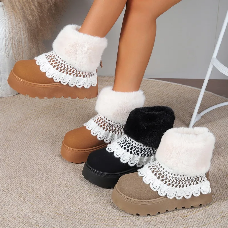 2026 Fashionable Lace Trim Solid Color Casual Women's Snow Boots Winter New Trendy Soft Soled Comfortable Warm Women Shoes