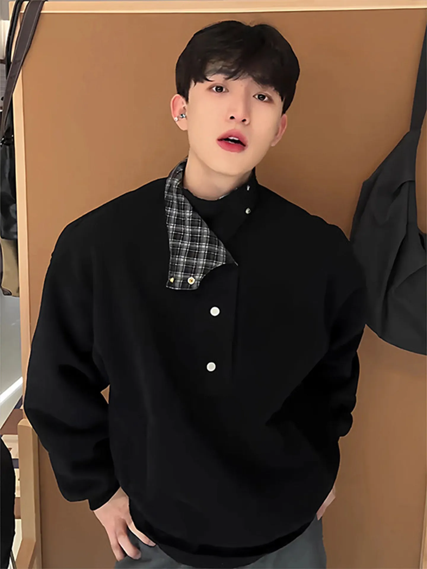 

Bla Plaid Stand Collar ort Sweatirt Men's Spring Autumn High End American Retro Couple Casual Outerwear Button Detail