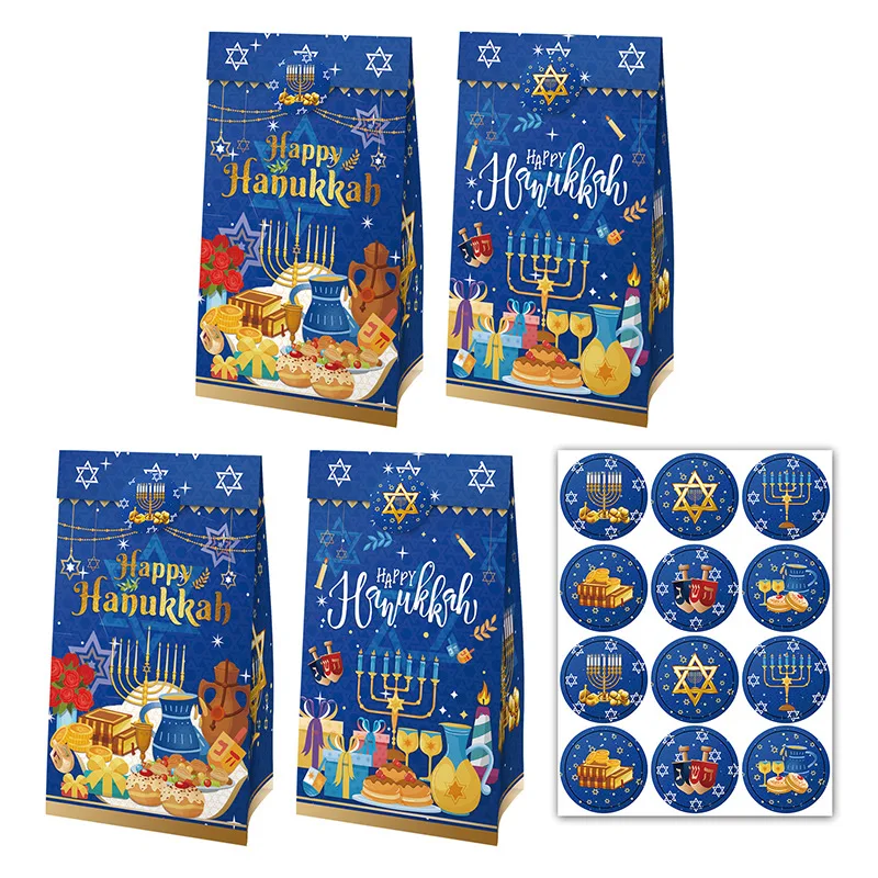 12/36Pcs Jewish Festival Hanukkah Birthday Party Cookies Candy Kraft Paper Gift Bags and Stickers Chanukah Party Decorations