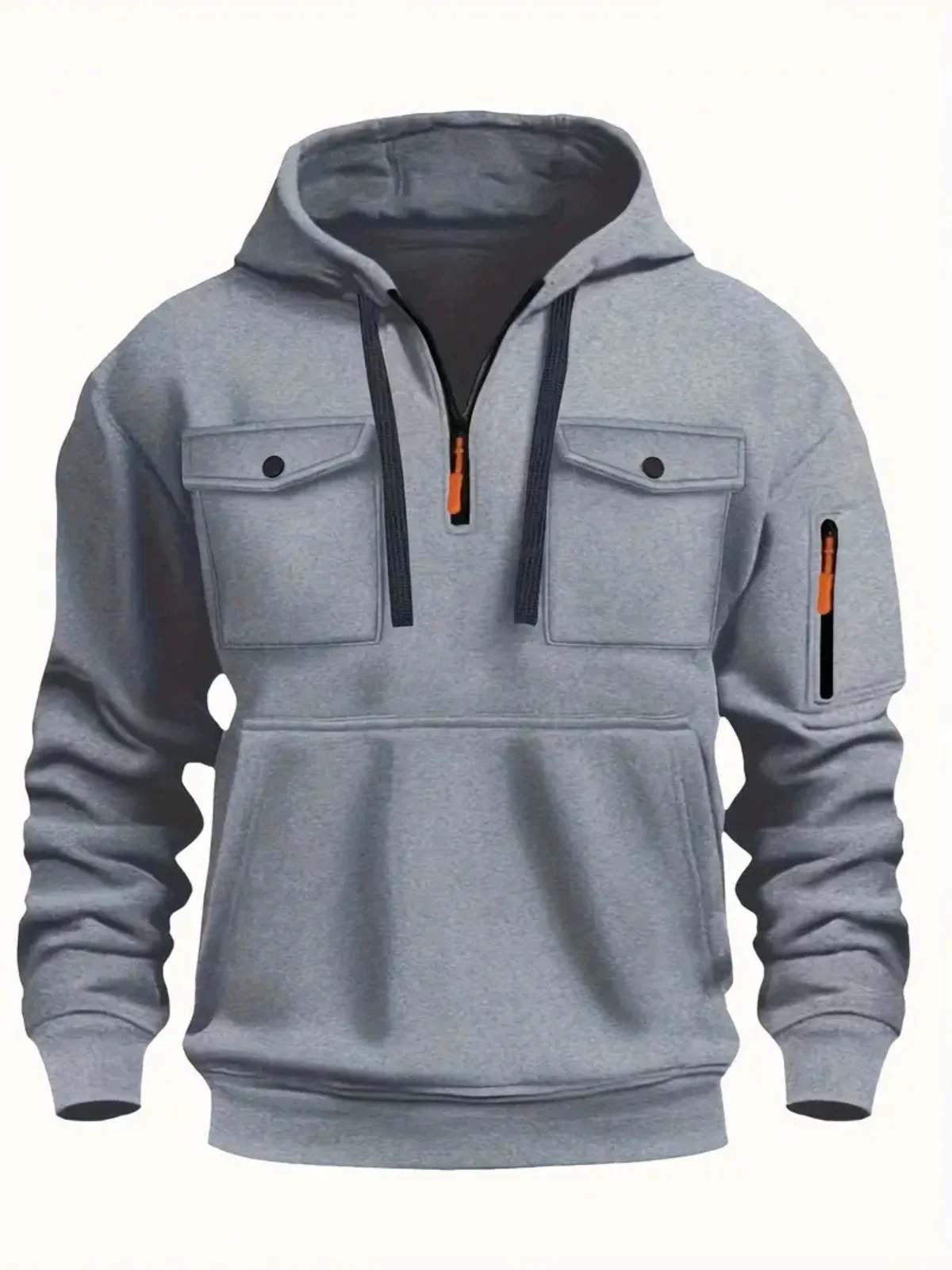 Men's new winter casual hoodie - stylish multi-pocket plain-color zipper pullover hooded sweatshirt