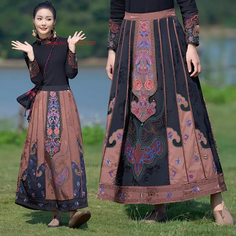 2025 chinese traditional skirt national flower embroidery jacquard skirt vintage loose patchwork midi skirt folk dance suit