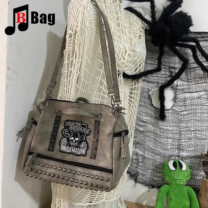 Y2k Girl Vintage Harajuku Punk Gothic Skeleton Rivet Womens Versatile Fashion Backpack Casual Large capacity Two Shoulders bag