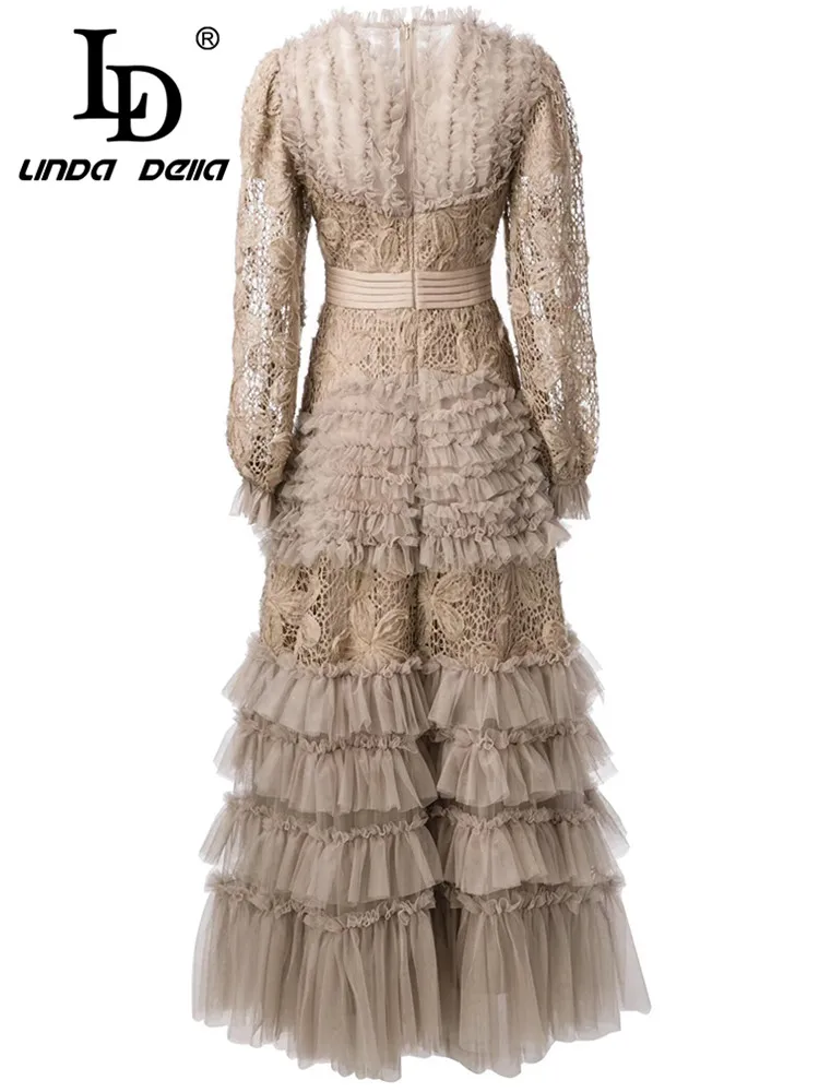 LD LINDA DELLA 2025 الخريف/الشتاء موضة شبكة سوداء الفطريات حافة مكدسة المرقعة كم طويل الرقبة المستديرة S-4XL فستان
