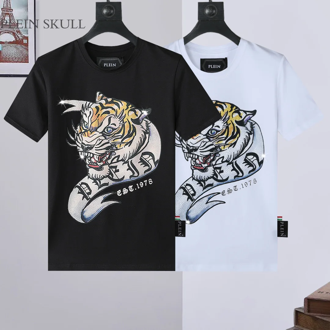 Plein Skull Trendy Brand Sports Short Sleeve Summer Retro Tiger Head Hot Diamond T-shirt Unisex Breathable Slimming Cotton Top