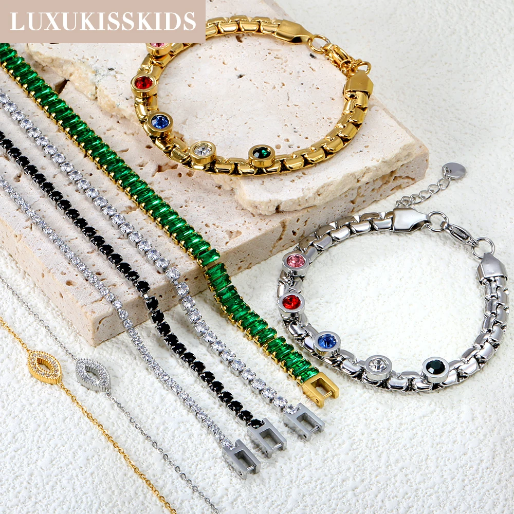 

LUXUKISSKIDS Gothic Men/Woman Rolo Chains Bracelets Shiny Cubic Zirconia Couple Wrist Jewellry Stainless Steel Accessories Gifts