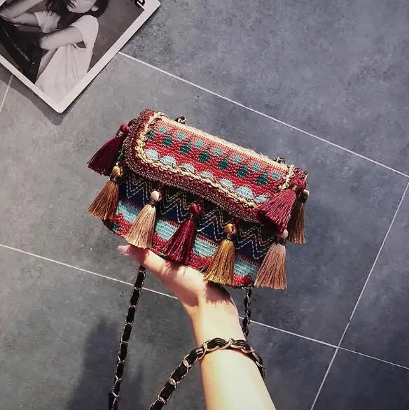 

Tassel Woven Casual Versatile Shoulder Bbag With Ethnic Style Small Square Bag