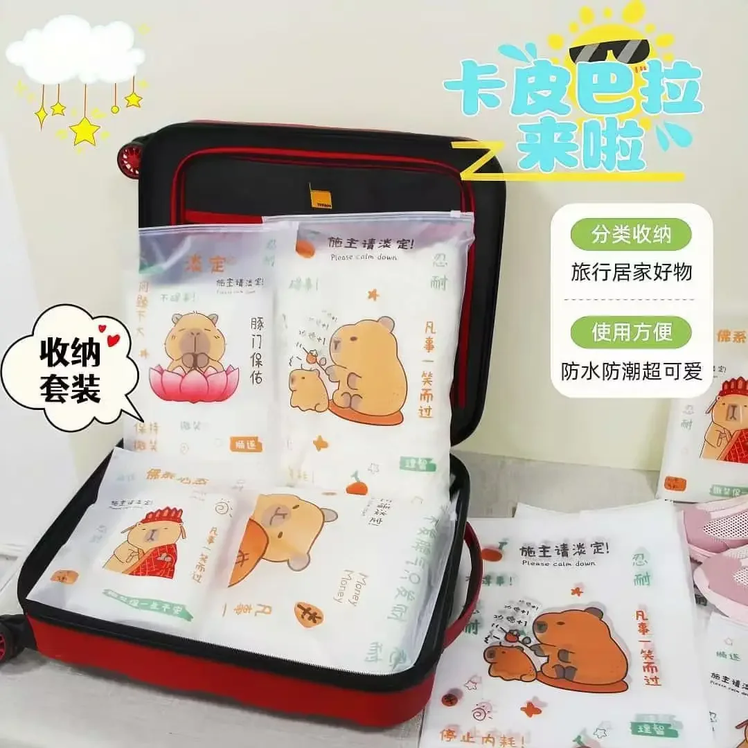 4Pcs/Set Capybara Cartoon Frosted Garment Packaging Bags Zipper Travel Storage Underwear Socks Hoodie Ziplock Bag Birthday Gift