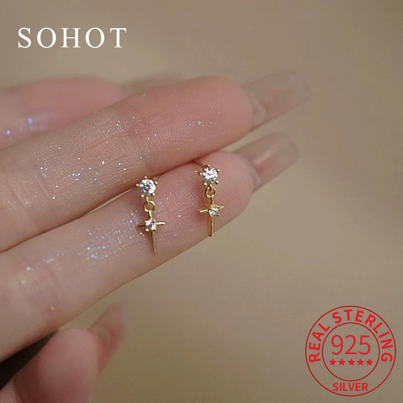 

Real 925 Sterling Silver Minimalist 14K Gold Cross Zircon Pendant Mini Stud Earrings for Women Cute Fine Jewelry Accessories