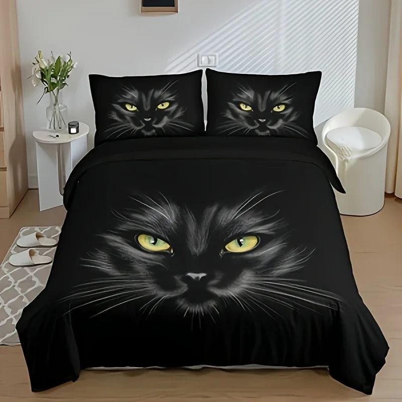 3pcs Set Domineering Animal Black Cat Digital Print Duvet Cover Home Bedding Set Queen Size with Pillowcases