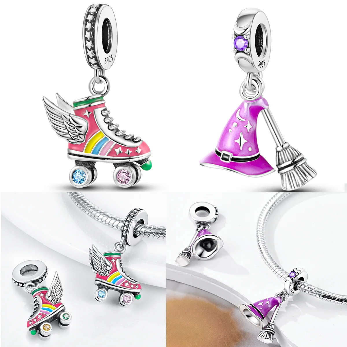 

925 Sterling Silver Wing Skating Shoes Charms Bead CZ Zircon Wizard Dangle Fit Original Bracelet DIY Women Jewelry