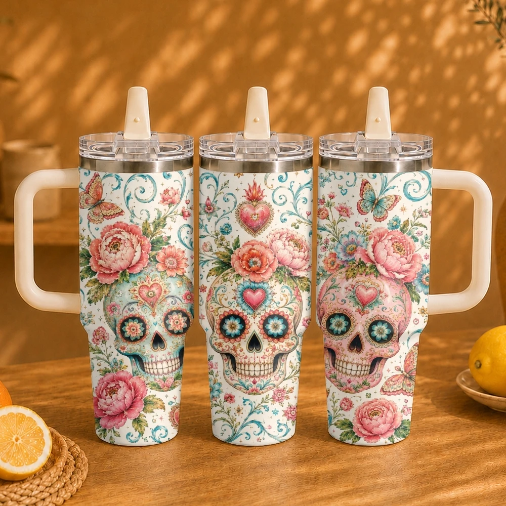 Natural Art Smiling Face Vacuum Flasks 40oz Vacuum Insulated Travel Mug - Stainless Steel Straw Cup Lid