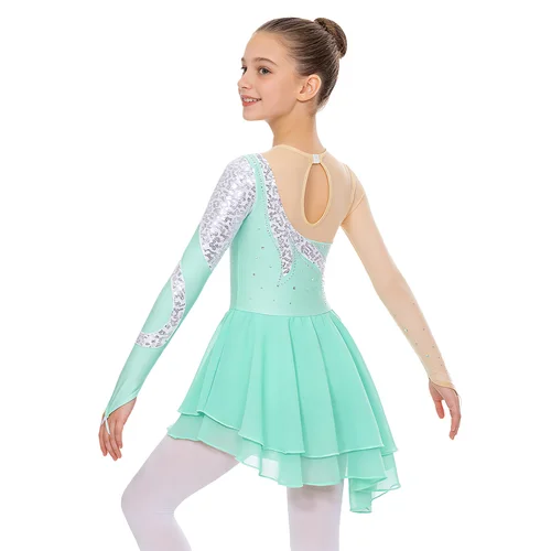 Imagen 2 del producto Vestido de baile lírico de Ballet artístico para niñas, gimnasia, patinaje artístico, manga larga, escote redondo, lentejuelas brillantes, vestido de bailarina