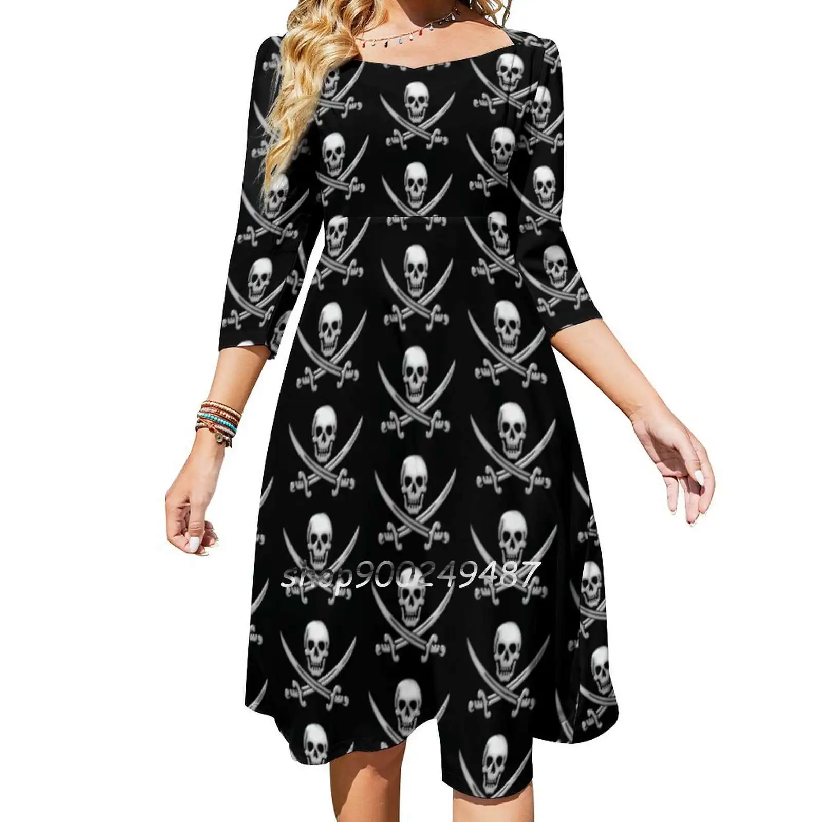 Glassy Pirate Skull & Sword Crossbones Women Spring Autumn Long Sleeve Dress Female Casual Dress Skull And Crossbones Talk Like