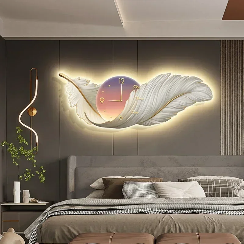 LED Wall Clock Light Luxury Large Art Clocks Living Room Decor Painting Wall Watch Feather Silent Clock Renoj Home Decoration