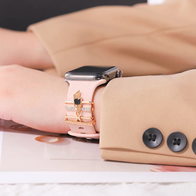 Set Gandulan Cincin Gelang Jam Silikon untuk Apple Strap Leopard Moon Heart Accessories Cincin Stud Mempesona untuk Dekorasi Tali Iwatch