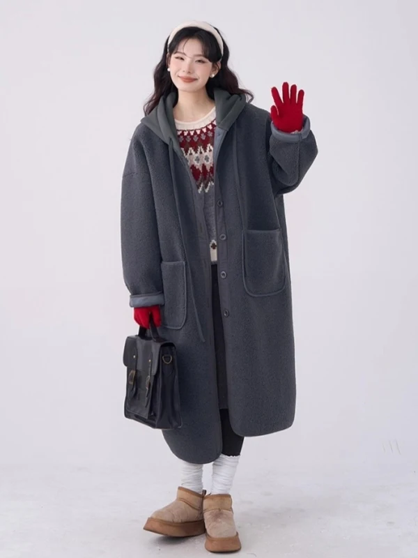 

Ladies Thiened Warmth Lamb Fur Coat Winter New Sle Lazy Faion Mid-Length Outerwear Korean Version Straight Tube pe