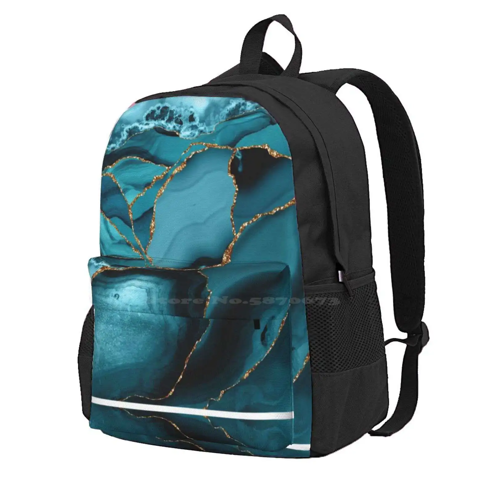 Teal And Gold Faux Marble Landscape Waves Hot Sale Schoolbag Backpack Fashion Bags Graphic Design Turquoise Abstract Gemstone