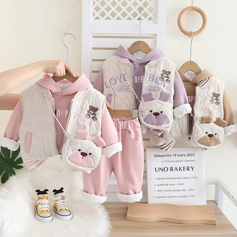 

Комплекты одежды для девочек, зимний детский толстый бархатный жилет, толстовки, брюки, теплые футболки из 3 предметов, костюм для малышей, спортивные костюмы, детская одежда