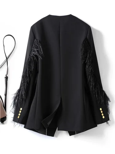 Imagen 2 del producto Mujer Vintage cuello pico pluma borla costura Blazer abrigo negro traje suelto chaqueta mujer manga larga piel Patchwork prendas de vestir exteriores